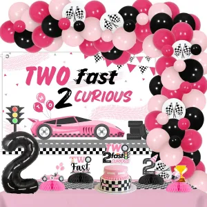 Two Fast 2 Curious Birthday Party Decoration for Girl Pink Two Fast Birthday Backdrop Cake Topper Honeycomb Centerpieces Tablecloth Racing Car Second Bday Party Supplies for 2 Year Old Bday