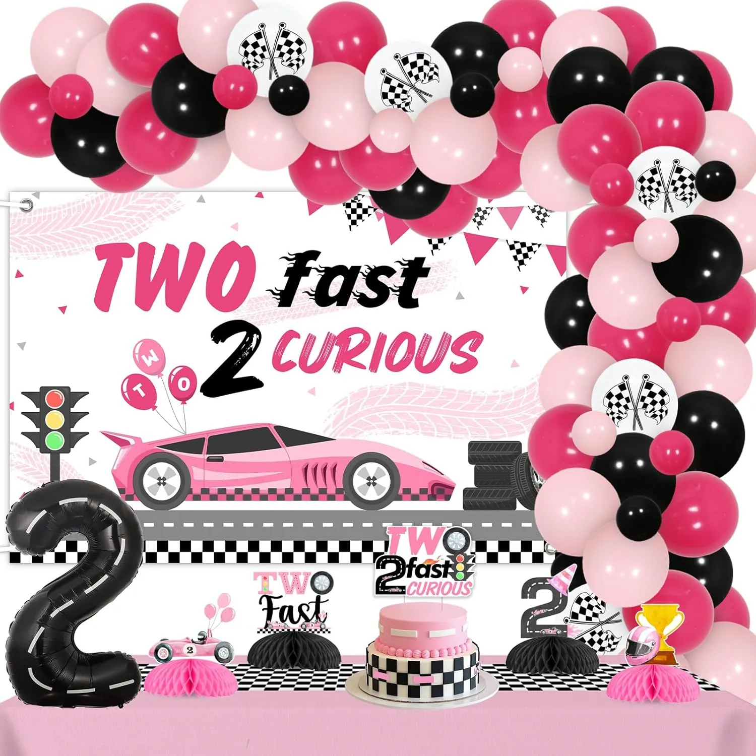 Two Fast 2 Curious Birthday Party Decoration for Girl Pink Two Fast Birthday Backdrop Cake Topper Honeycomb Centerpieces Tablecloth Racing Car Second Bday Party Supplies for 2 Year Old Bday