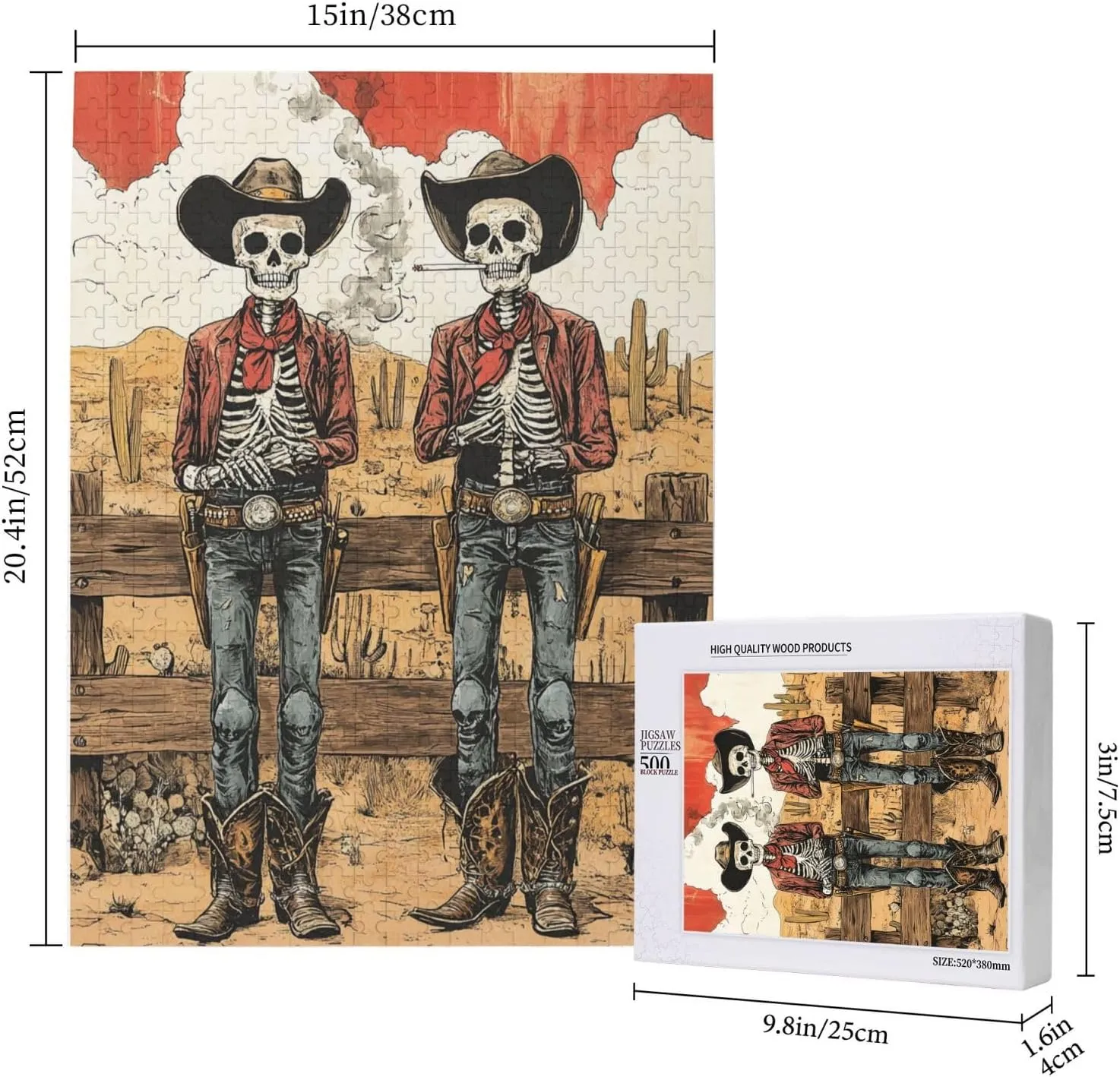 Two Skeleton Cowboys in Desert,500 Piece Wooden Puzzle for Adults,Brain Training Challenge, Stress Relief Activity,Unique Artwork for Adult,Eco-Friendly Pieces，Gifts for Friends