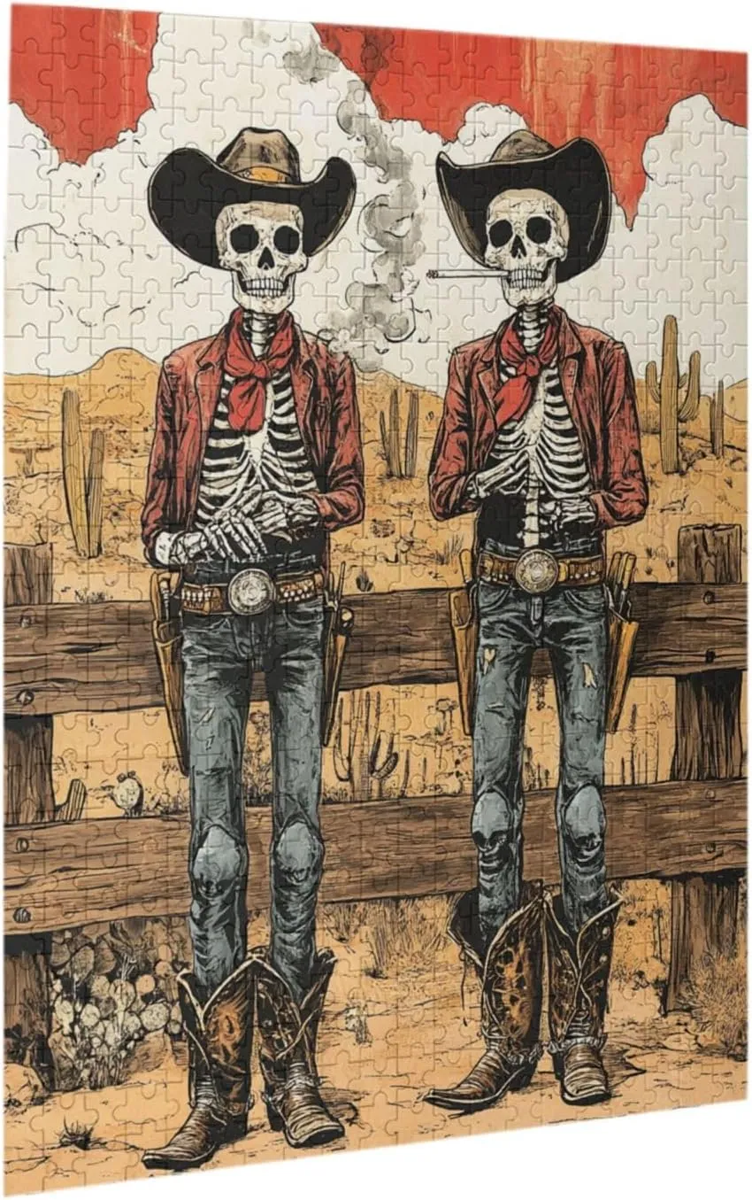 Two Skeleton Cowboys in Desert,500 Piece Wooden Puzzle for Adults,Brain Training Challenge, Stress Relief Activity,Unique Artwork for Adult,Eco-Friendly Pieces，Gifts for Friends