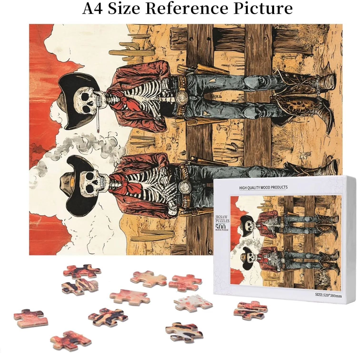 Two Skeleton Cowboys in Desert,500 Piece Wooden Puzzle for Adults,Brain Training Challenge, Stress Relief Activity,Unique Artwork for Adult,Eco-Friendly Pieces，Gifts for Friends
