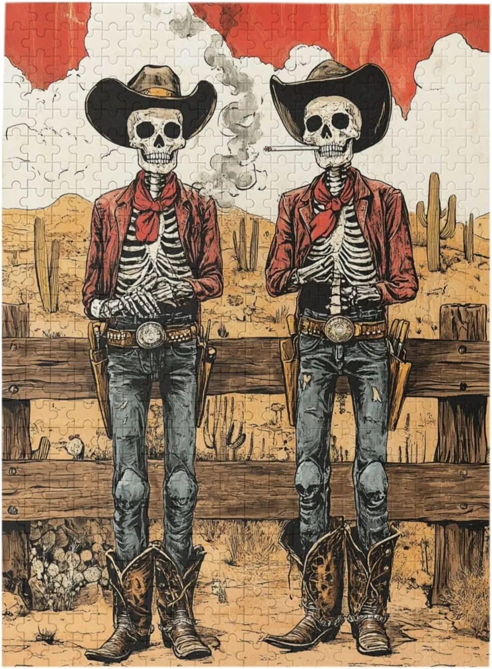 Two Skeleton Cowboys in Desert,500 Piece Wooden Puzzle for Adults,Brain Training Challenge, Stress Relief Activity,Unique Artwork for Adult,Eco-Friendly Pieces，Gifts for Friends