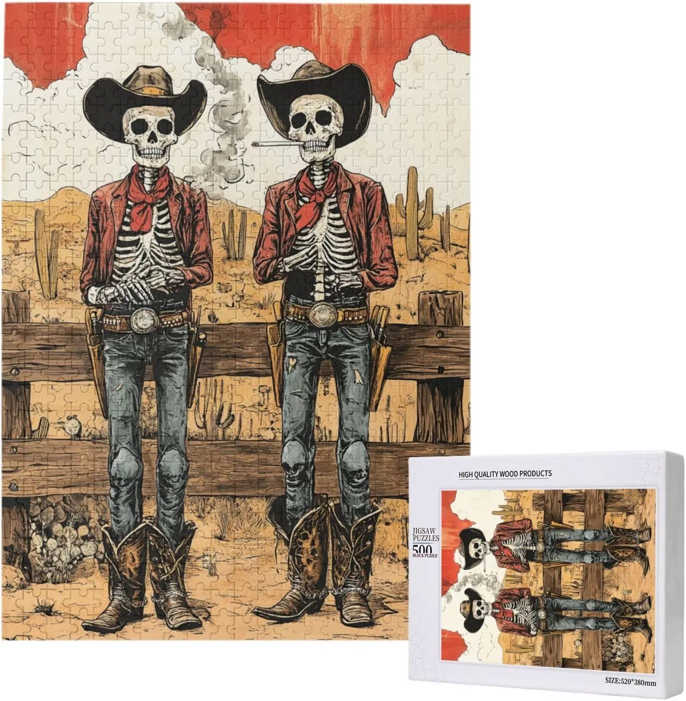 Two Skeleton Cowboys in Desert,500 Piece Wooden Puzzle for Adults,Brain Training Challenge, Stress Relief Activity,Unique Artwork for Adult,Eco-Friendly Pieces，Gifts for Friends