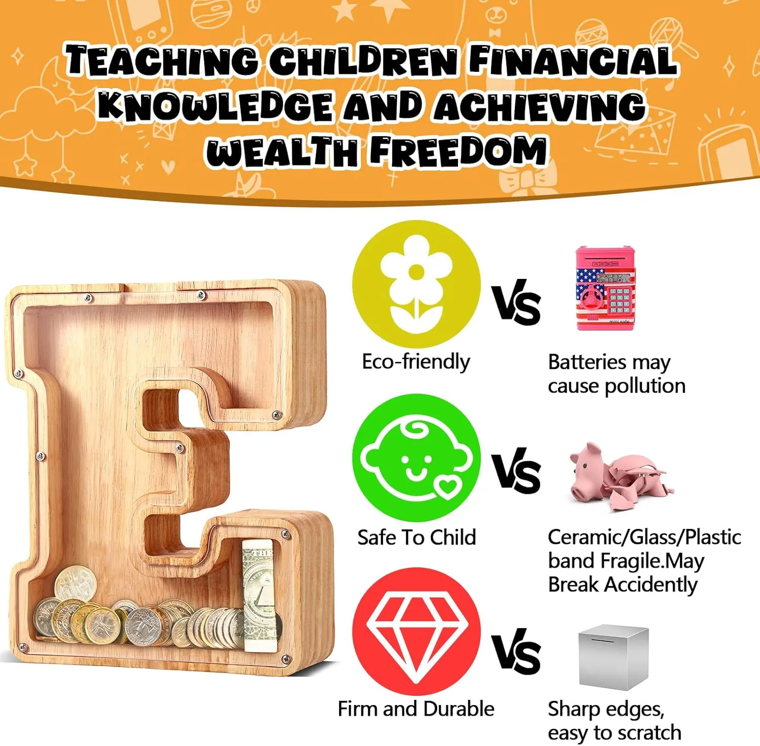 UBeesize Large Piggy Banks for Boys Girls，Twenty-Six English Alphabet,Wooden Personalized Bills and Coins Bank Money Bank,DIY Name Birthday Gift,Bedroom Living Room Decoration(E)