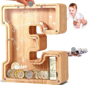 UBeesize Large Piggy Banks for Boys Girls，Twenty-Six English Alphabet,Wooden Personalized Bills and Coins Bank Money Bank,DIY Name Birthday Gift,Bedroom Living Room Decoration(E)