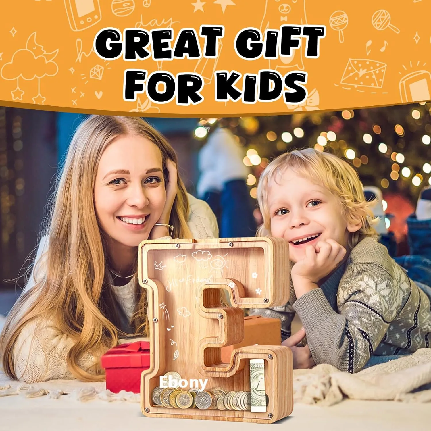 UBeesize Large Piggy Banks for Boys Girls，Twenty-Six English Alphabet,Wooden Personalized Bills and Coins Bank Money Bank,DIY Name Birthday Gift,Bedroom Living Room Decoration(E)