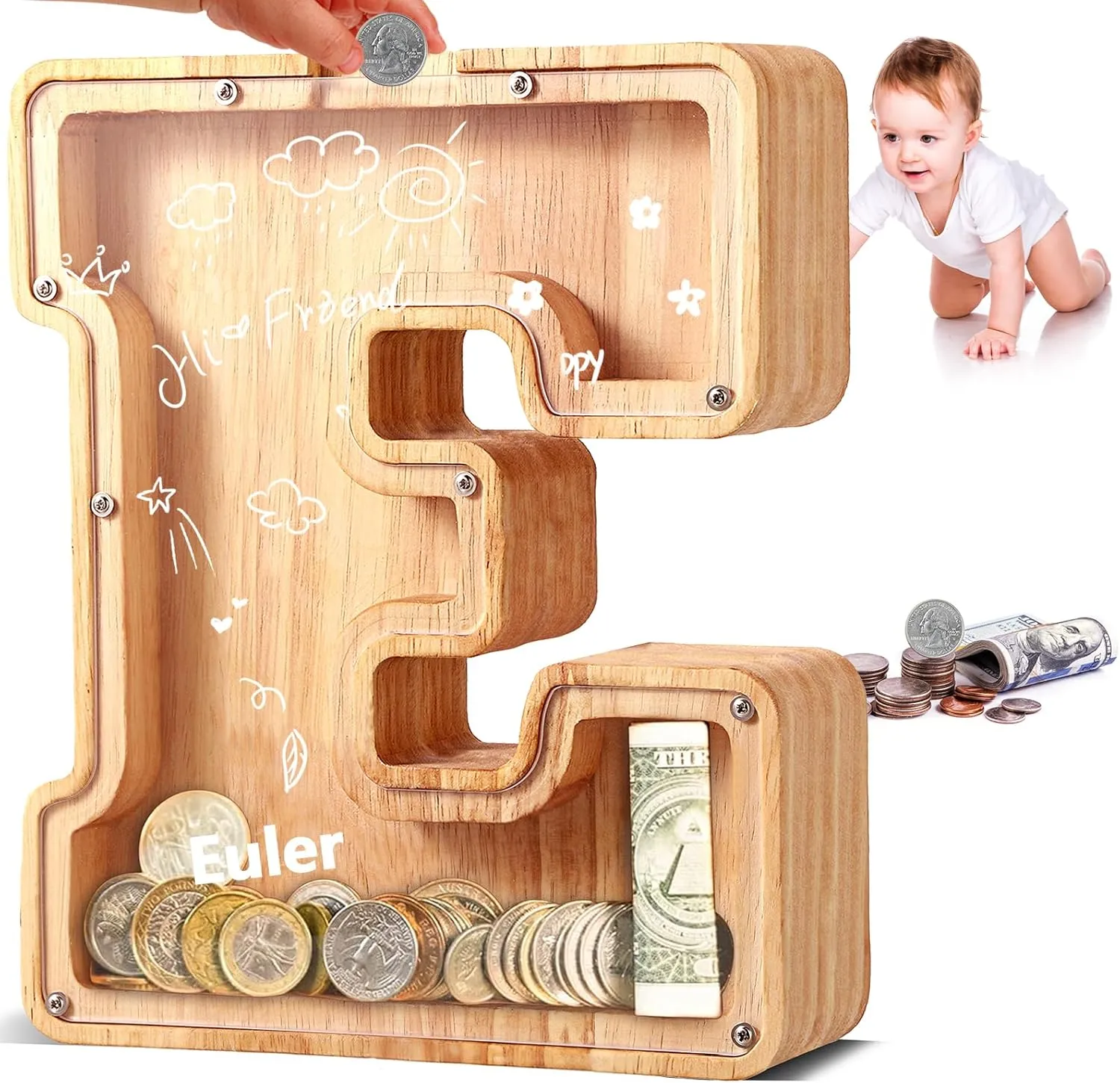 UBeesize Large Piggy Banks for Boys Girls，Twenty-Six English Alphabet,Wooden Personalized Bills and Coins Bank Money Bank,DIY Name Birthday Gift,Bedroom Living Room Decoration(E)