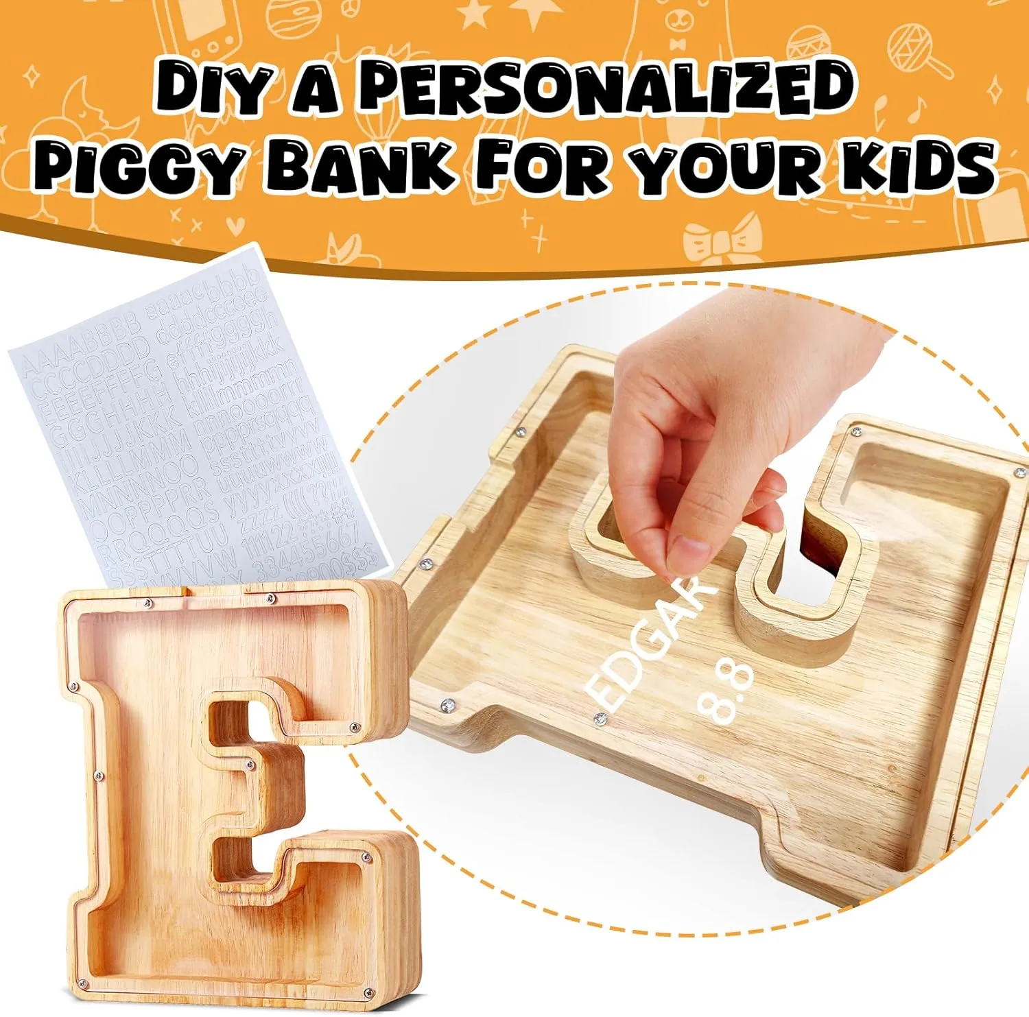 UBeesize Large Piggy Banks for Boys Girls，Twenty-Six English Alphabet,Wooden Personalized Bills and Coins Bank Money Bank,DIY Name Birthday Gift,Bedroom Living Room Decoration(E)