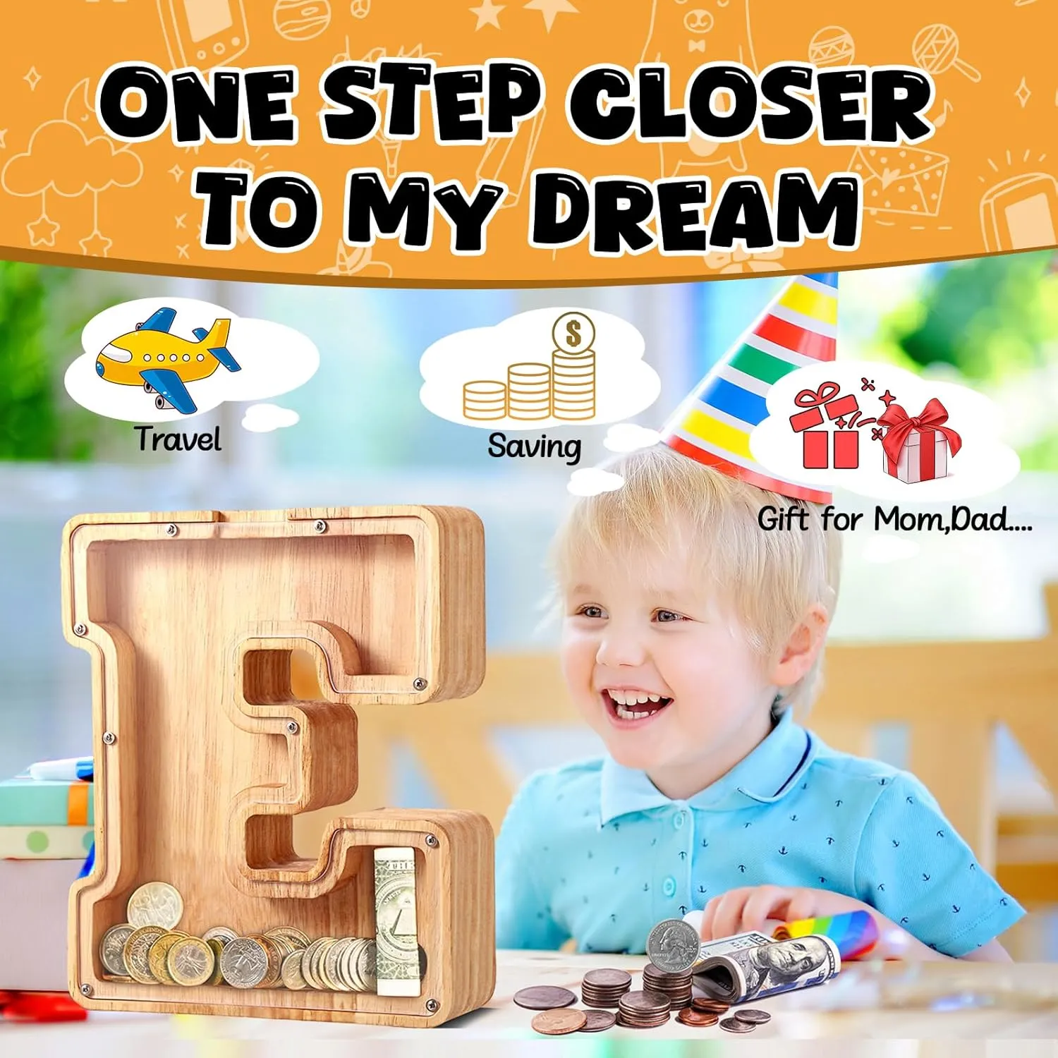 UBeesize Large Piggy Banks for Boys Girls，Twenty-Six English Alphabet,Wooden Personalized Bills and Coins Bank Money Bank,DIY Name Birthday Gift,Bedroom Living Room Decoration(E)