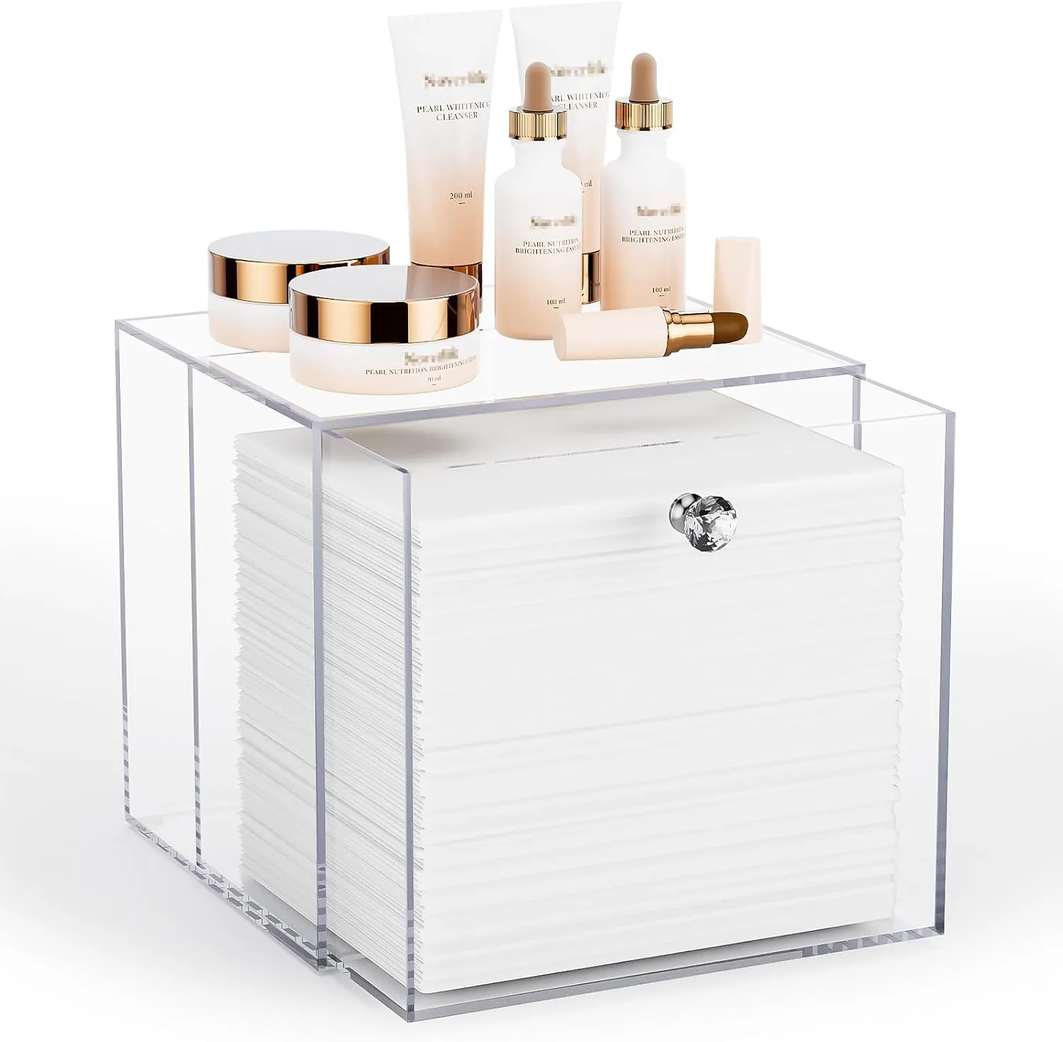Udefineit Disposable Facial Towel Storage Box, Acrylic XL Skin Club Towel Holder with Drawer, Makeup Remover Dry Wipe Organizer, Skin Care Luxe Container for Facial Washing (Excluding Facial Towels)