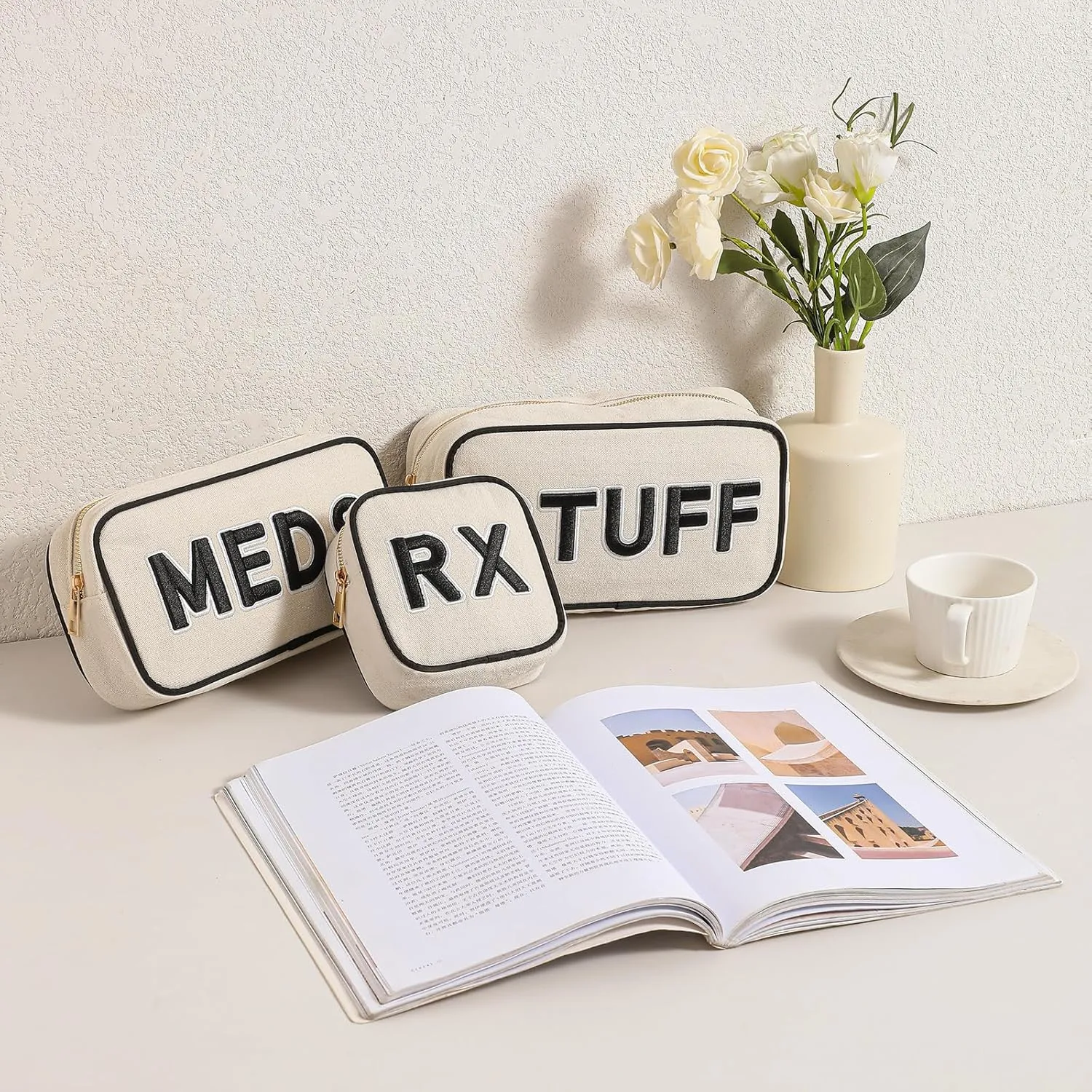 uekeboag 3Pcs Canvas Chenille Letter Medicine Makeup Bag, Small Travel Washable Organizer Bag for Purse with Zipper, Cute Personalized Gift Pouch For Women and Girls(3Pcs Bags)