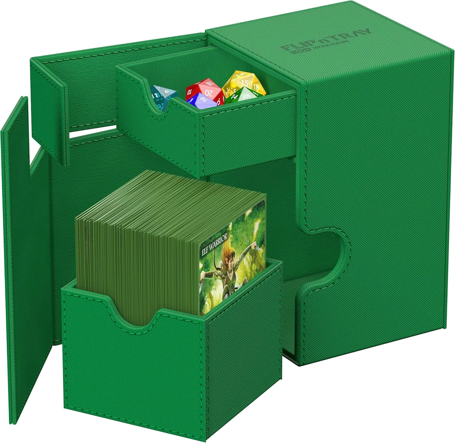 Ultimate Guard Flip'n'Tray 100 , Deck Case for 100 Double-Sleeved TCG Cards   Dice Tray, Green, Independent Magnetic Closure & Microfiber Inner Lining