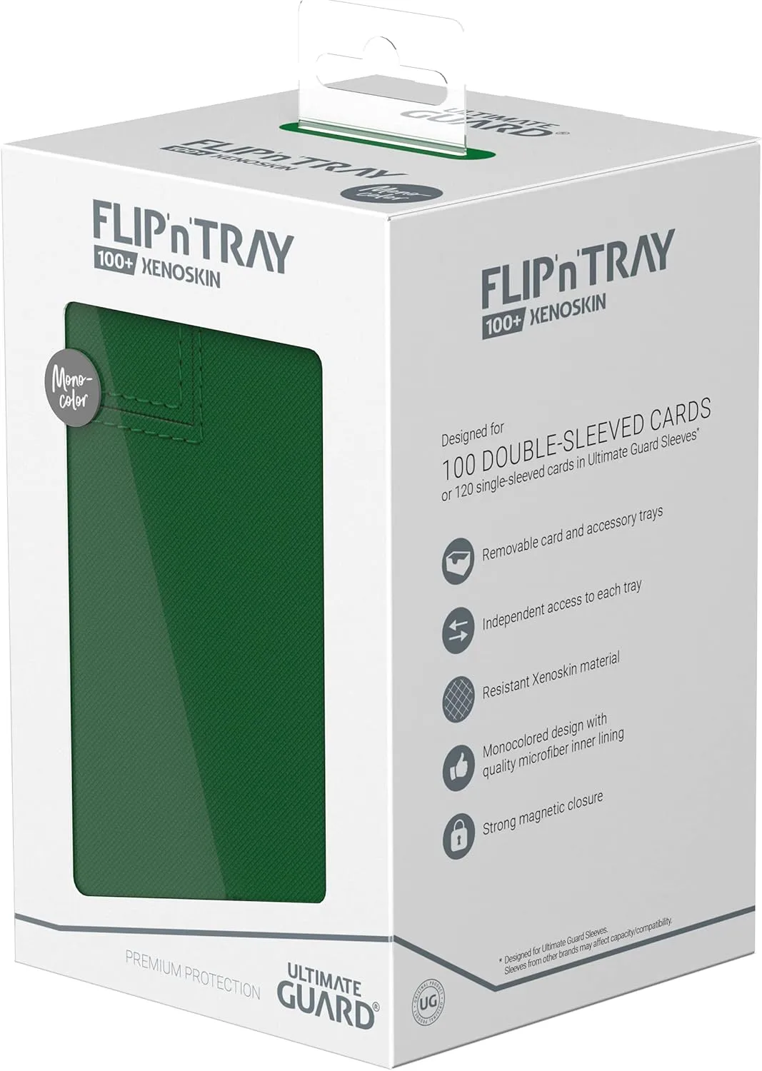 Ultimate Guard Flip'n'Tray 100 , Deck Case for 100 Double-Sleeved TCG Cards   Dice Tray, Green, Independent Magnetic Closure & Microfiber Inner Lining