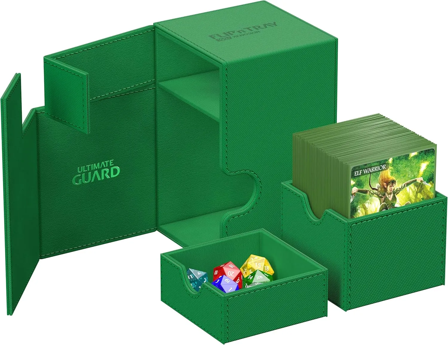 Ultimate Guard Flip'n'Tray 100 , Deck Case for 100 Double-Sleeved TCG Cards   Dice Tray, Green, Independent Magnetic Closure & Microfiber Inner Lining