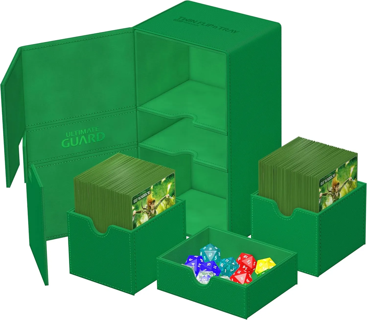 Ultimate Guard Twin Flip'n'Tray 200 , Deck Case for 200 Double-Sleeved TCG Cards   Dice Tray, Green, Independent Magnetic Closure & Microfiber Inner Lining
