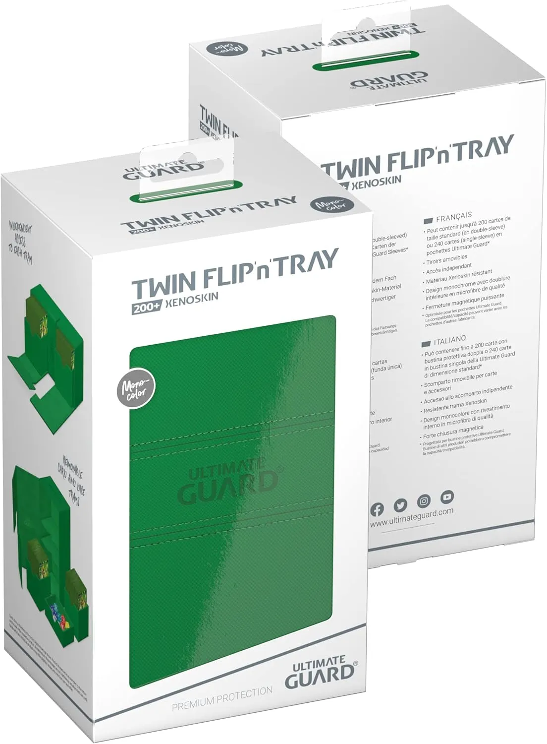 Ultimate Guard Twin Flip'n'Tray 200 , Deck Case for 200 Double-Sleeved TCG Cards   Dice Tray, Green, Independent Magnetic Closure & Microfiber Inner Lining