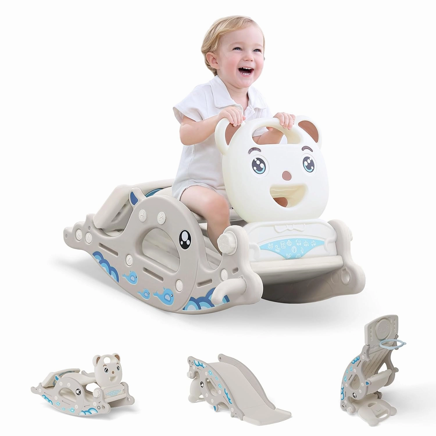 UNICOO® Toddler 4-in-1 Rocker n Slide, Slide and Rocker for Kids with Basketball Hoop and Ring Game, Foldable Playground Slide, for Toddlers 36-72 Months, Indoor Outdoor Play (Gray)