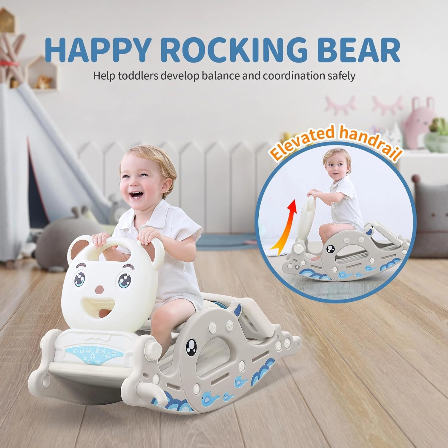 UNICOO® Toddler 4-in-1 Rocker n Slide, Slide and Rocker for Kids with Basketball Hoop and Ring Game, Foldable Playground Slide, for Toddlers 36-72 Months, Indoor Outdoor Play (Gray)