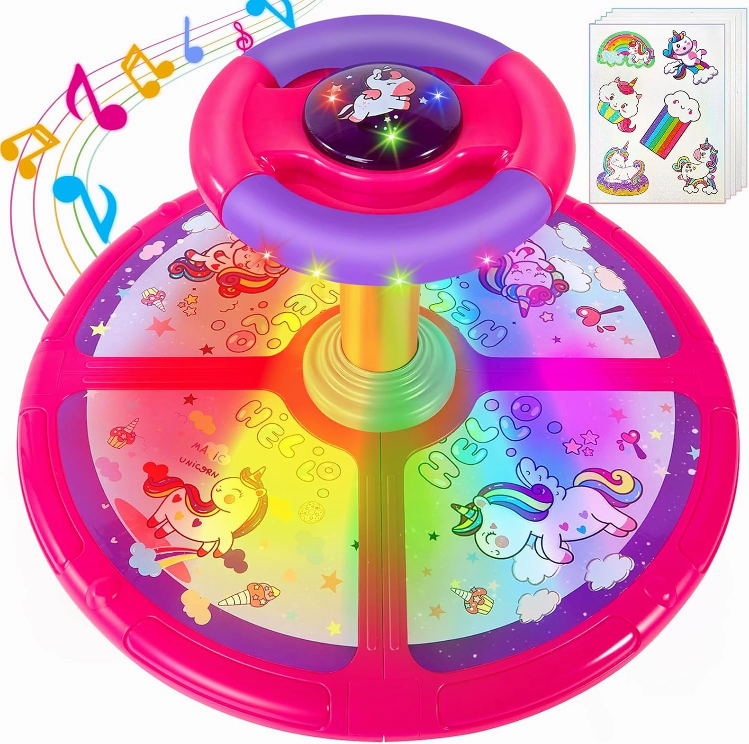 Unicorn Sit and Spin, GODELAIF Sit and Spin Toy 360° Spinning Stool Seat Sensory Toys Christmas Birthday Gift with Music & LED Lights for Toddlers Girls 2, 3, 4, 5 Years Old