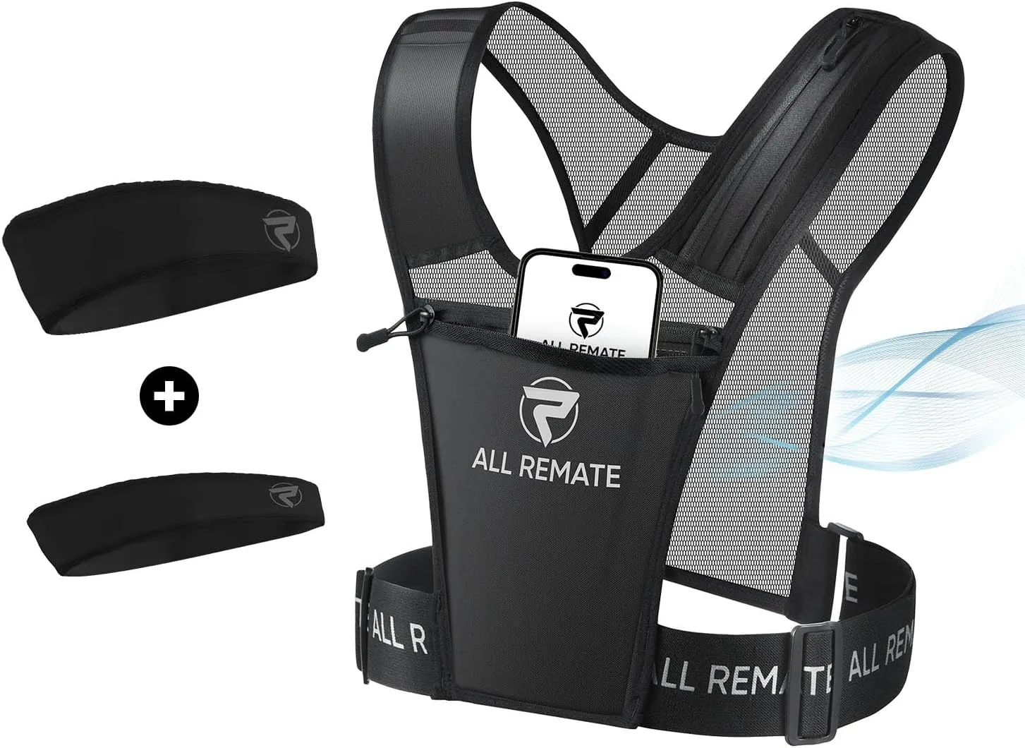 Unisex Reflective Running Vest 2 Head Bands set with 5 Pockets for Phones, Water bottles, Ear Bud Case, Keys, etc. Ventilative Adjustable Jogging Gear