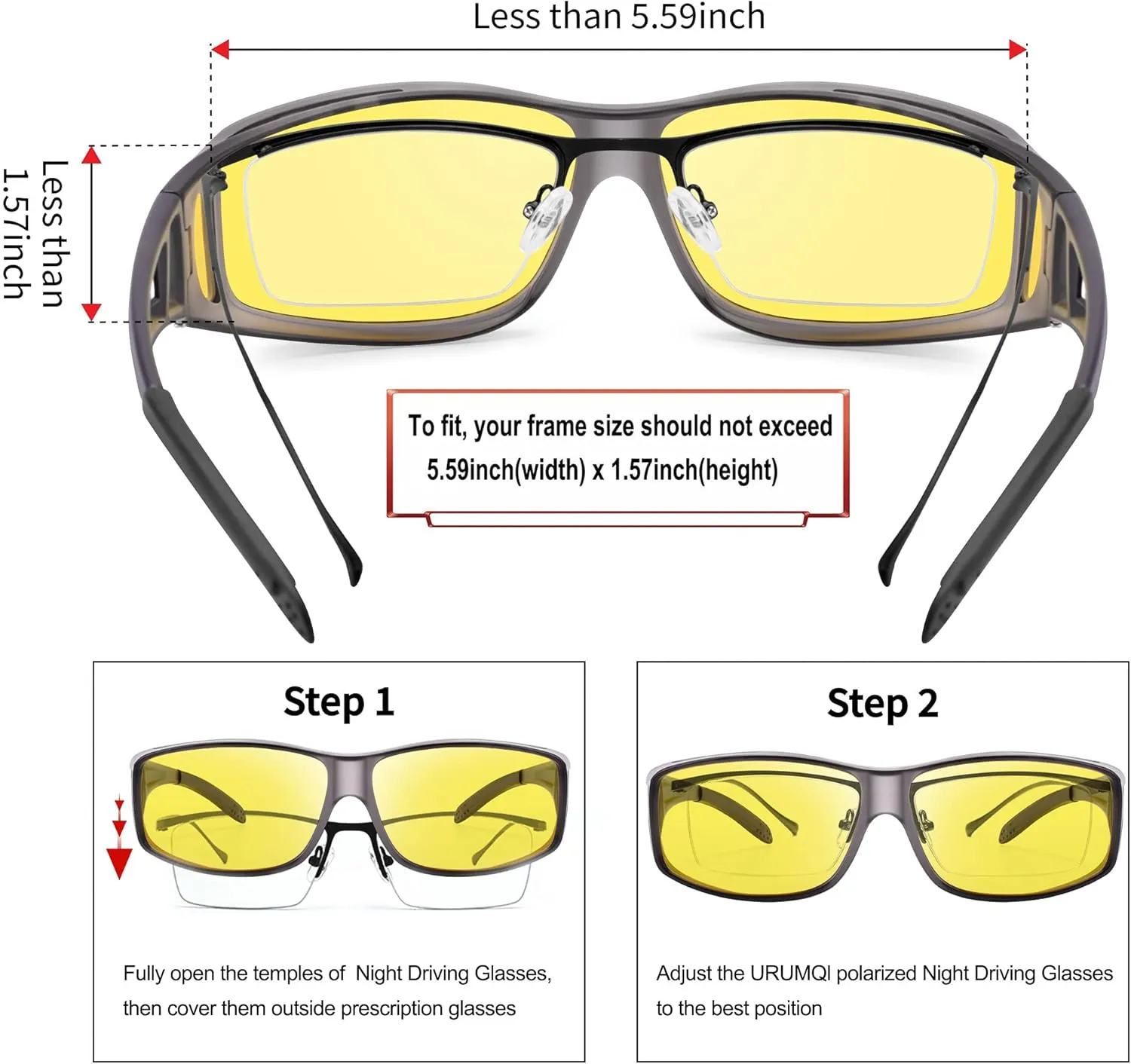 URUMQI Night Vision Driving Glasses Fit Over Eyeglasses for Men Women, Anti Glare Polarized Nighttime Glasses Yellow Lens