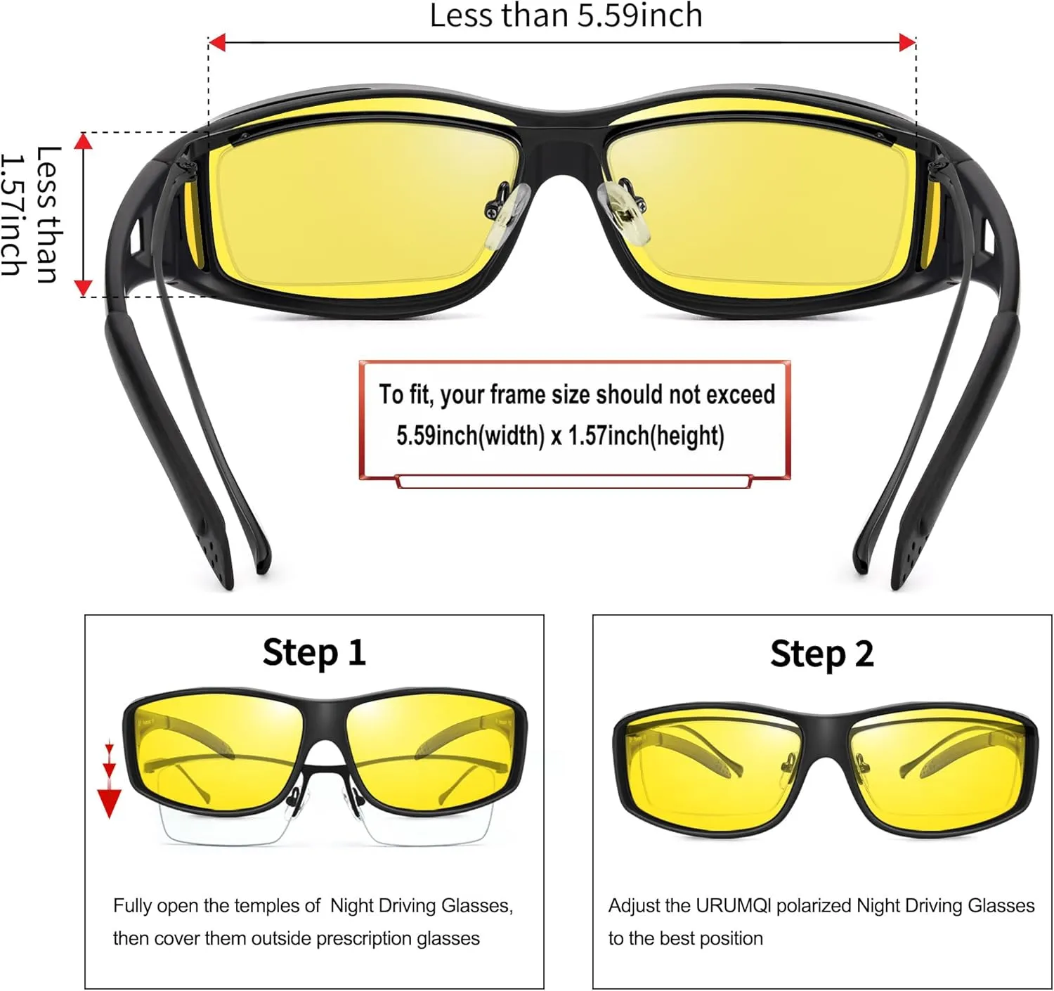 URUMQI Night Vision Driving Glasses Fit Over Eyeglasses for Men Women, Anti Glare Polarized Nighttime Glasses Yellow Lens