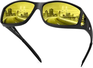 URUMQI Night Vision Driving Glasses Fit Over Eyeglasses for Men Women, Anti Glare Polarized Nighttime Glasses Yellow Lens