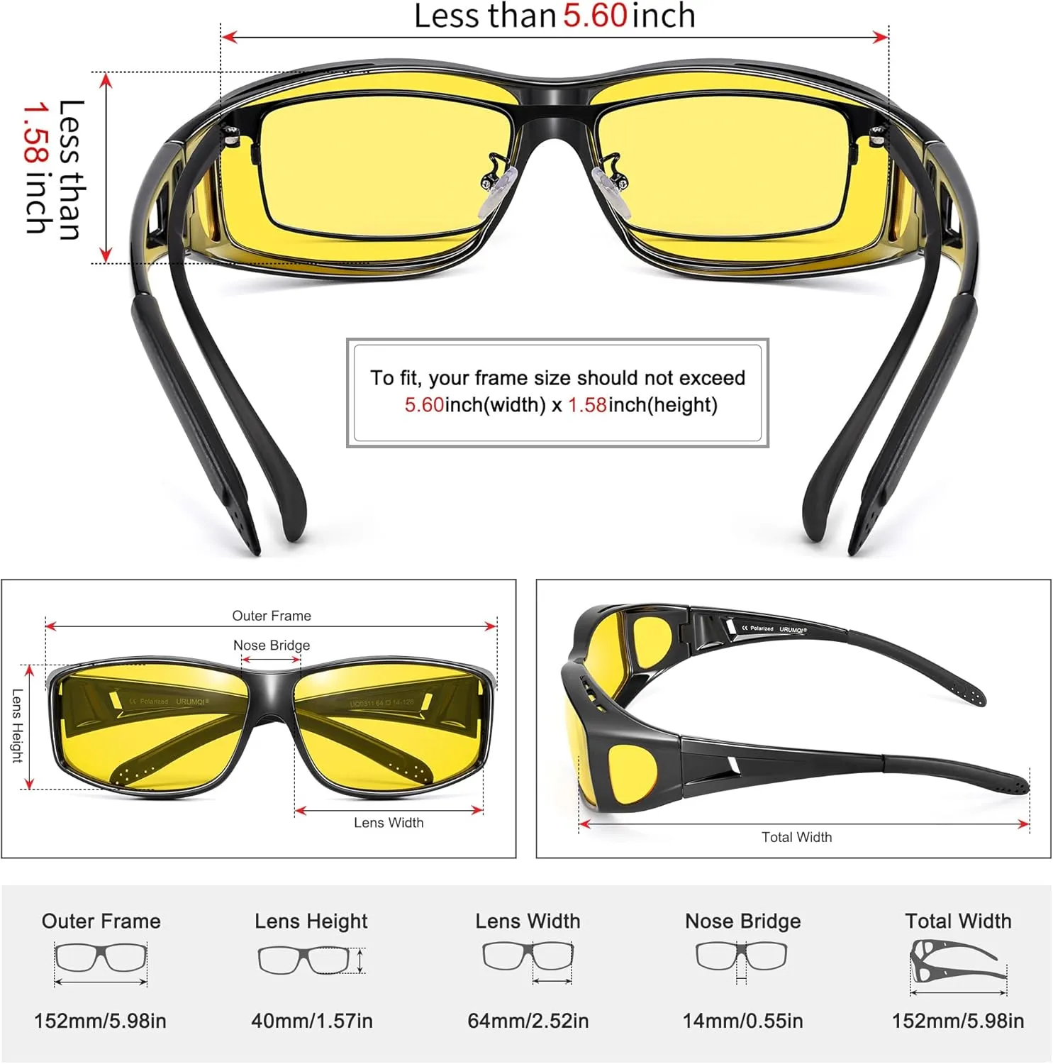 URUMQI Polarized Sunglasses Fit Over Glasses for Men Women, Wrap-around Driving Sunglasses 100% UV Protection