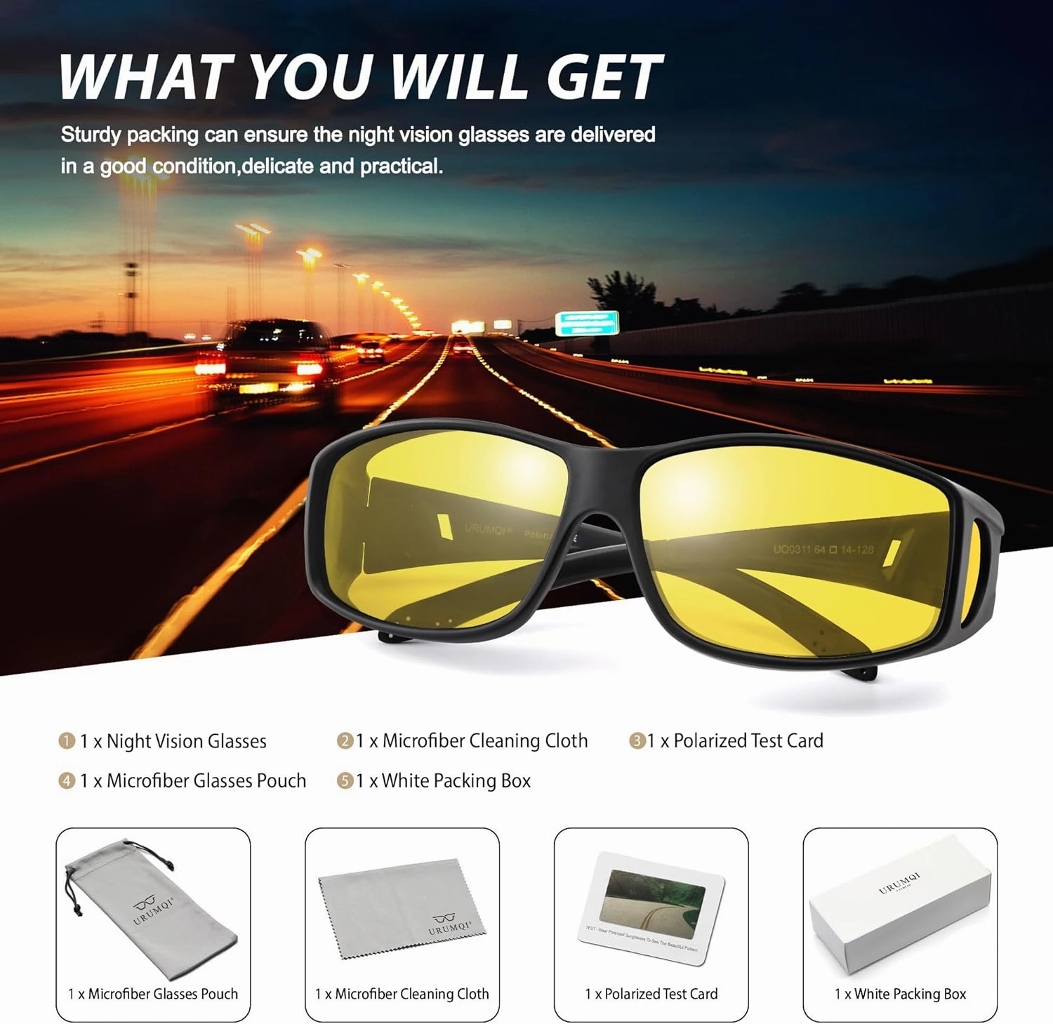 URUMQI Night Vision Driving Glasses Fit Over Eyeglasses for Men Women, Anti Glare Polarized Nighttime Glasses Yellow Lens