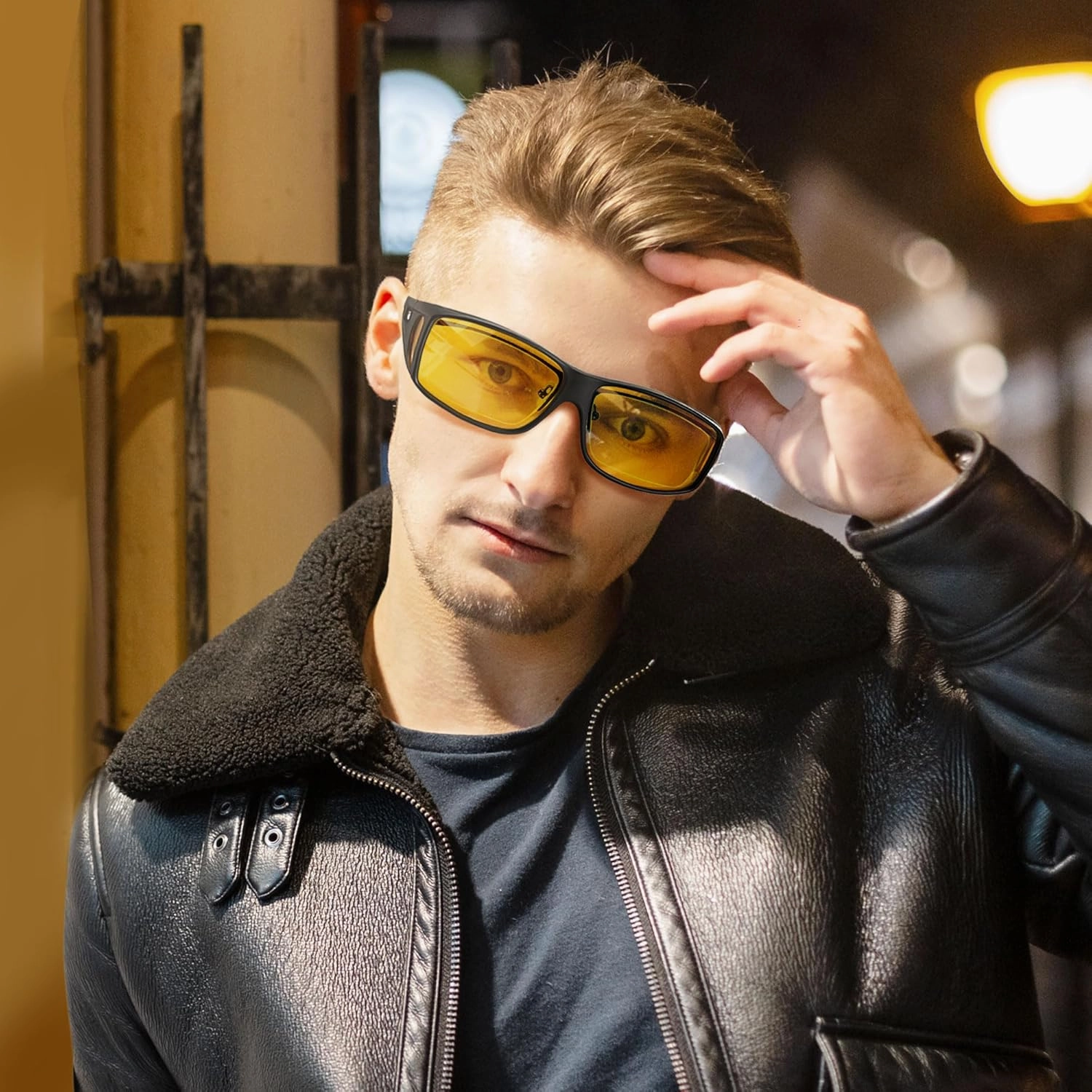 URUMQI Night Vision Driving Glasses Fit Over Eyeglasses for Men Women, Anti Glare Polarized Nighttime Glasses Yellow Lens