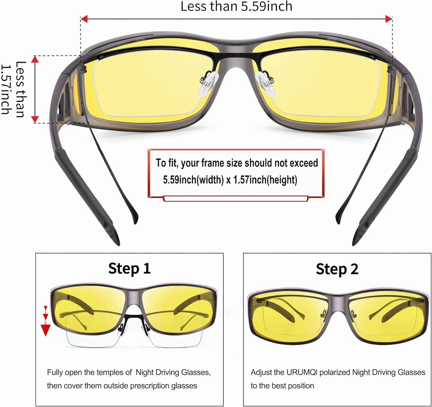 URUMQI Night Vision Driving Glasses Fit Over Eyeglasses for Men Women, Anti Glare Polarized Nighttime Glasses Yellow Lens
