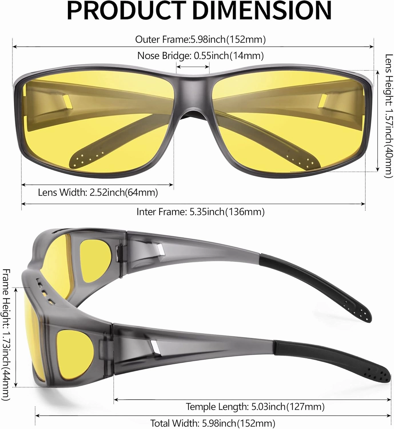 URUMQI Night Vision Driving Glasses Fit Over Eyeglasses for Men Women, Anti Glare Polarized Nighttime Glasses Yellow Lens