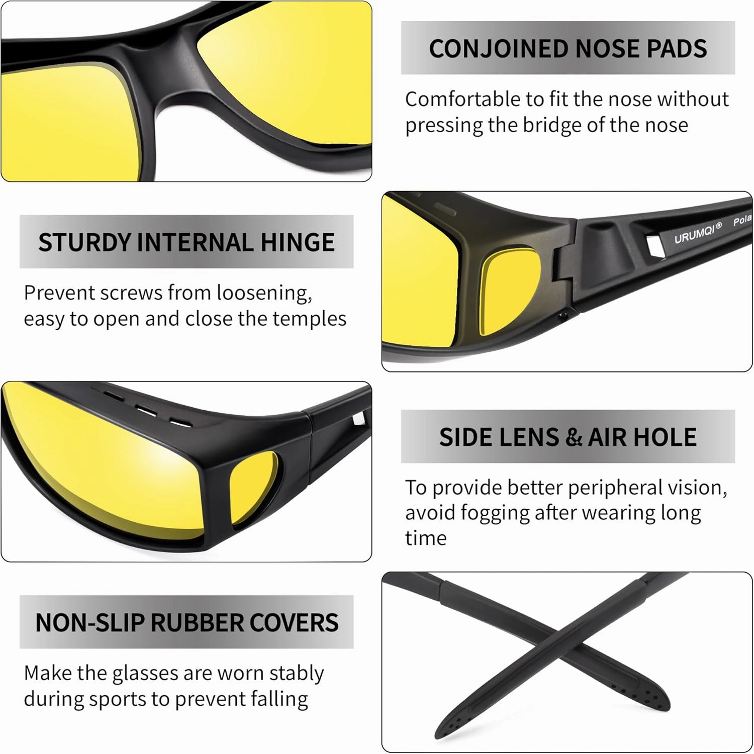 URUMQI Night Vision Driving Glasses Fit Over Eyeglasses for Men Women, Anti Glare Polarized Nighttime Glasses Yellow Lens