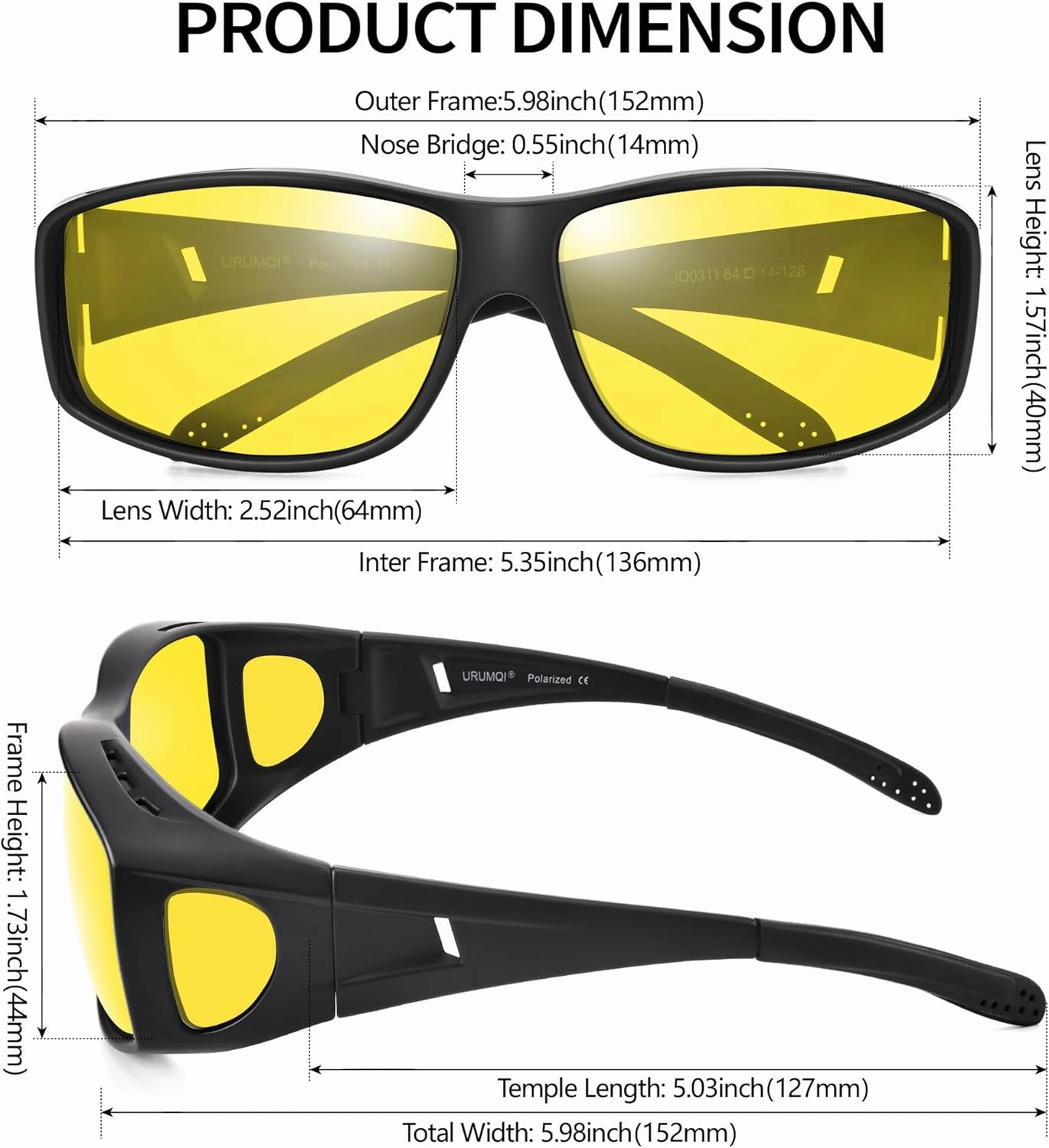 URUMQI Night Vision Driving Glasses Fit Over Eyeglasses for Men Women, Anti Glare Polarized Nighttime Glasses Yellow Lens