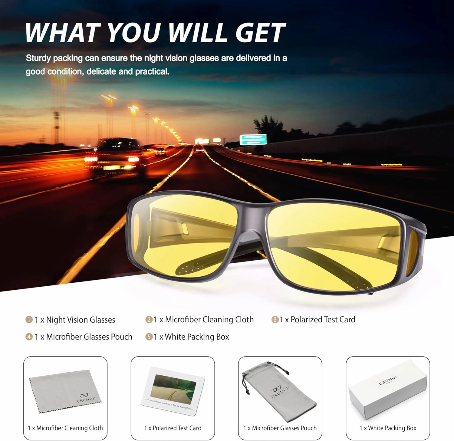 URUMQI Night Vision Driving Glasses Fit Over Eyeglasses for Men Women, Anti Glare Polarized Nighttime Glasses Yellow Lens