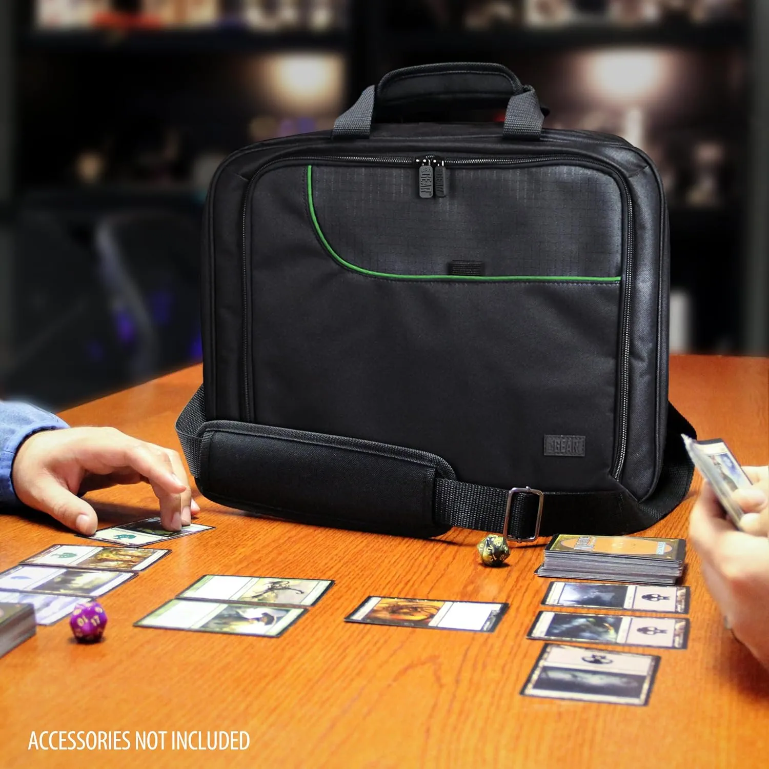 USA Gear XL Magic The Gathering MTG Deck Box Bag Travel Case - Large MTG Card Storage Bag with Padded Shoulder Strap, Customizable Interior, Weather Resistant - Fits Deck Boxes & Sleeved Cards - Green