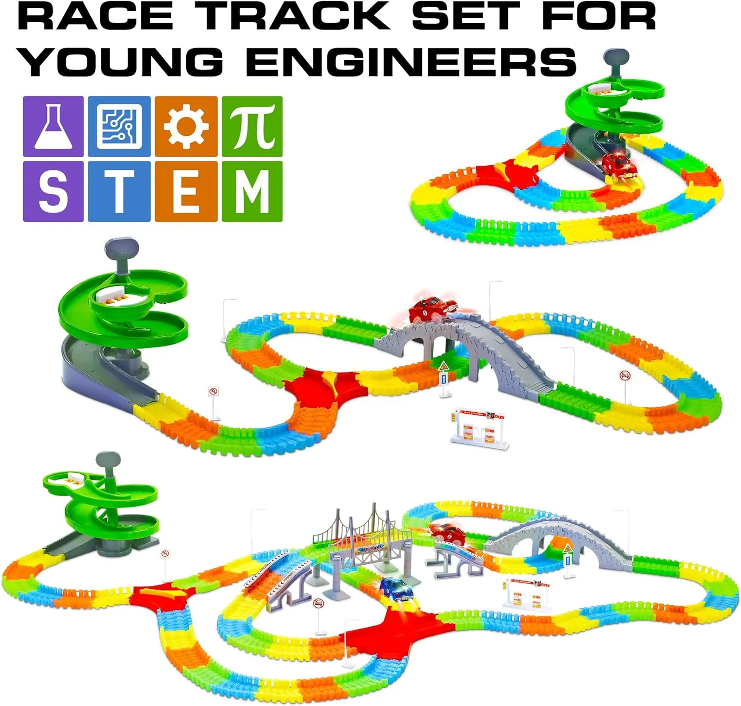 USA Toyz Large Glow Trax Race Tracks for Kids- 380pc Glow in The Dark Race Car Track Set with 360pk Bendable Roads, Roundabout Ramp, 2 Bridges, 2 Ramps, 2 LED Toy Cars, STEM Toys for Boys and Girls