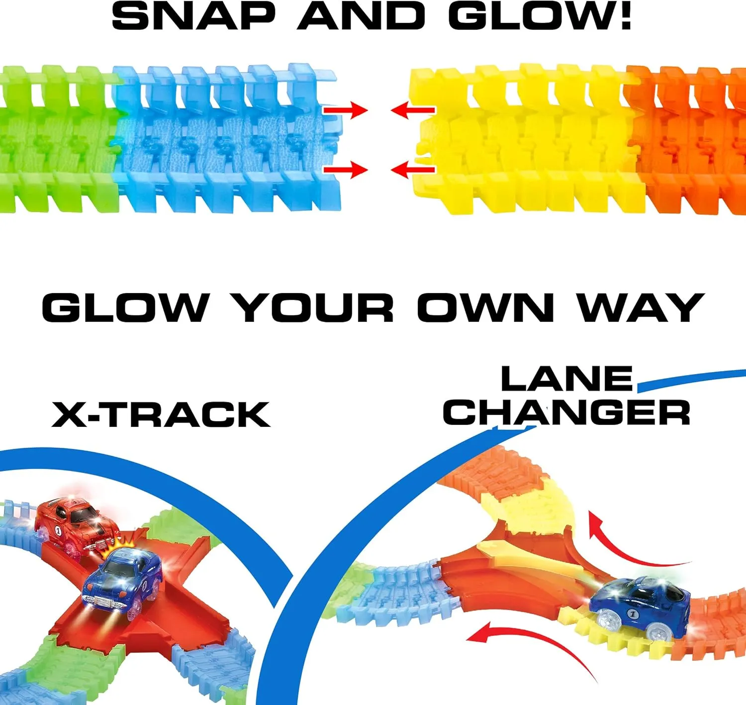 USA Toyz Large Glow Trax Race Tracks for Kids- 380pc Glow in The Dark Race Car Track Set with 360pk Bendable Roads, Roundabout Ramp, 2 Bridges, 2 Ramps, 2 LED Toy Cars, STEM Toys for Boys and Girls