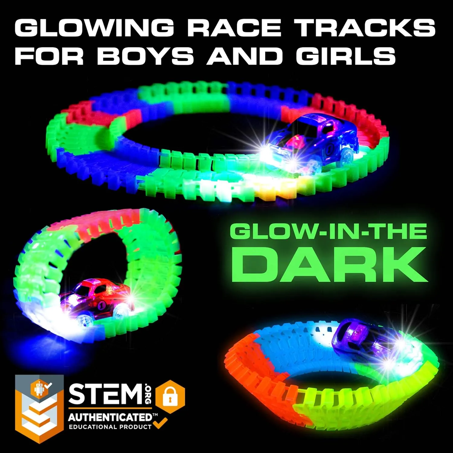 USA Toyz Large Glow Trax Race Tracks for Kids- 380pc Glow in The Dark Race Car Track Set with 360pk Bendable Roads, Roundabout Ramp, 2 Bridges, 2 Ramps, 2 LED Toy Cars, STEM Toys for Boys and Girls