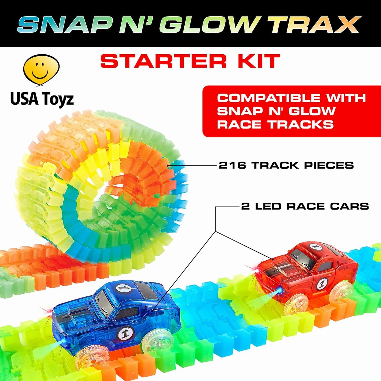 USA Toyz Glow Tracks Starter Kit Race Tracks and 2 LED Toy Cars - 216pk Glow in The Dark Bendable Flexible Rainbow Race Track Set with 2 Light Up Car Toys, STEM Building Toys for Boys and Girls