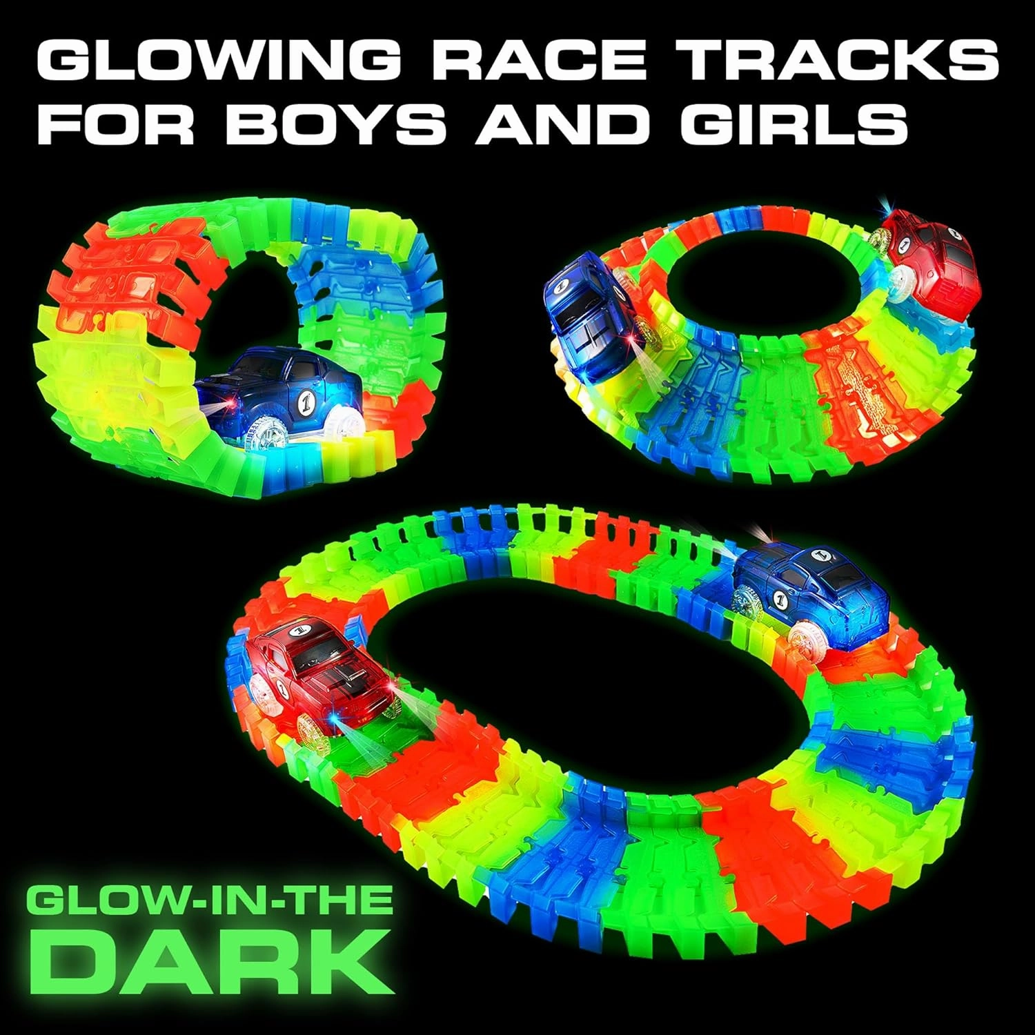 USA Toyz Glow Tracks Starter Kit Race Tracks and 2 LED Toy Cars - 216pk Glow in The Dark Bendable Flexible Rainbow Race Track Set with 2 Light Up Car Toys, STEM Building Toys for Boys and Girls
