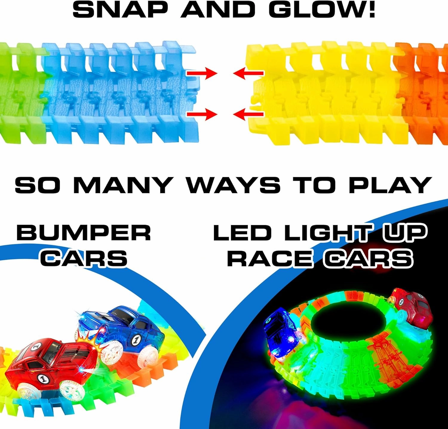 USA Toyz Glow Tracks Starter Kit Race Tracks and 2 LED Toy Cars - 216pk Glow in The Dark Bendable Flexible Rainbow Race Track Set with 2 Light Up Car Toys, STEM Building Toys for Boys and Girls