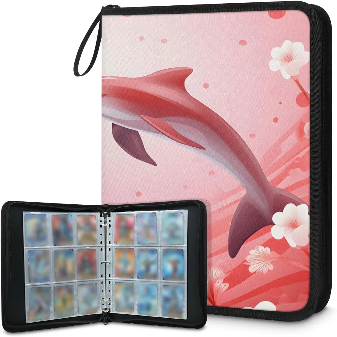 Valentine's Day Dolphin 3 Ring Trading Zipper Binder Strap, Trading Card Binder 4 Pocket, 400 Pockets Card Holder with 50 Removable Sleeves for Game Cards