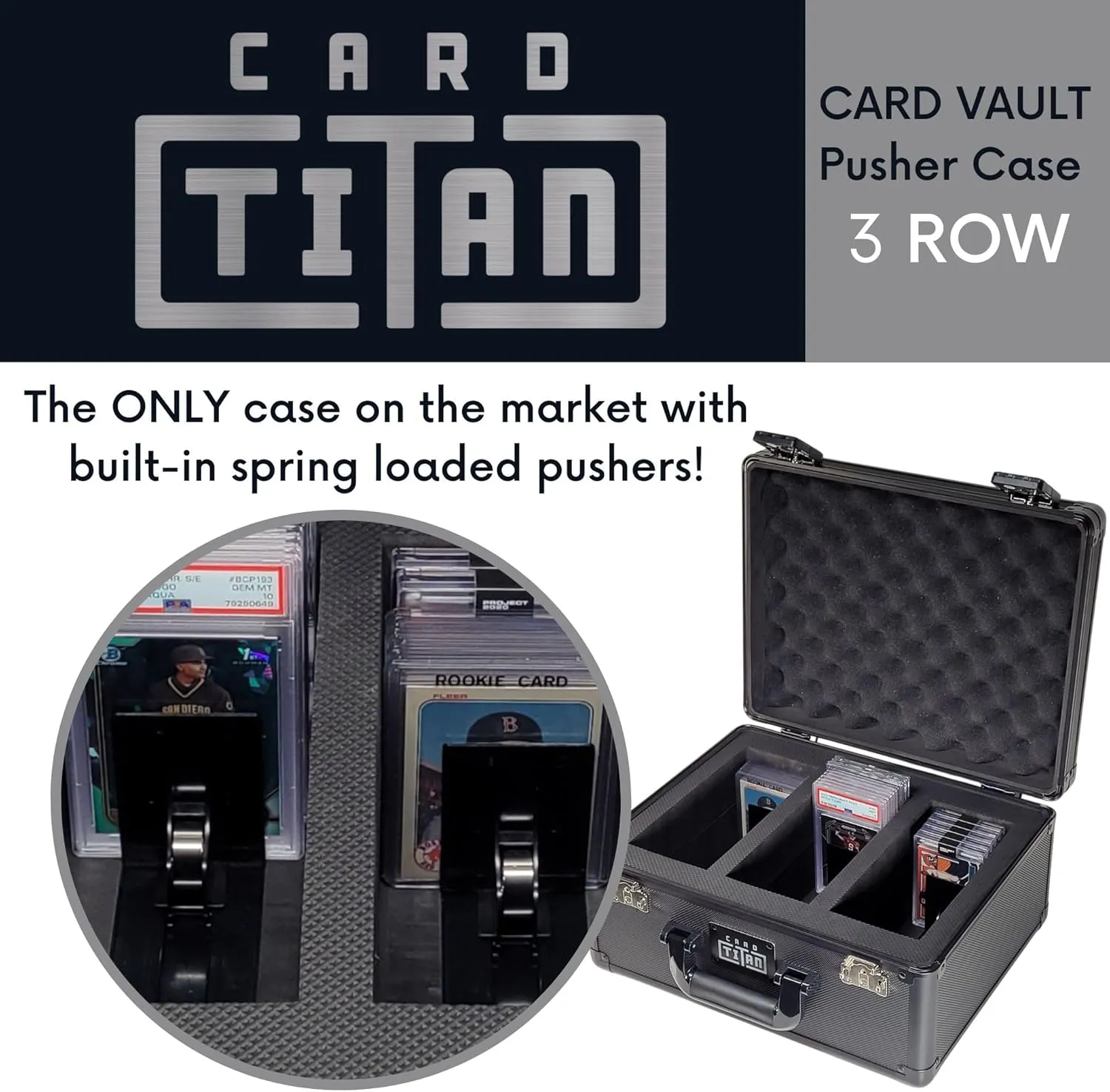 Vault Trading Card Storage Box - Lockable Sports Cards Hard Case with Spring-Loaded Pushers for Top Loaders & Graded Cards - 3 Row