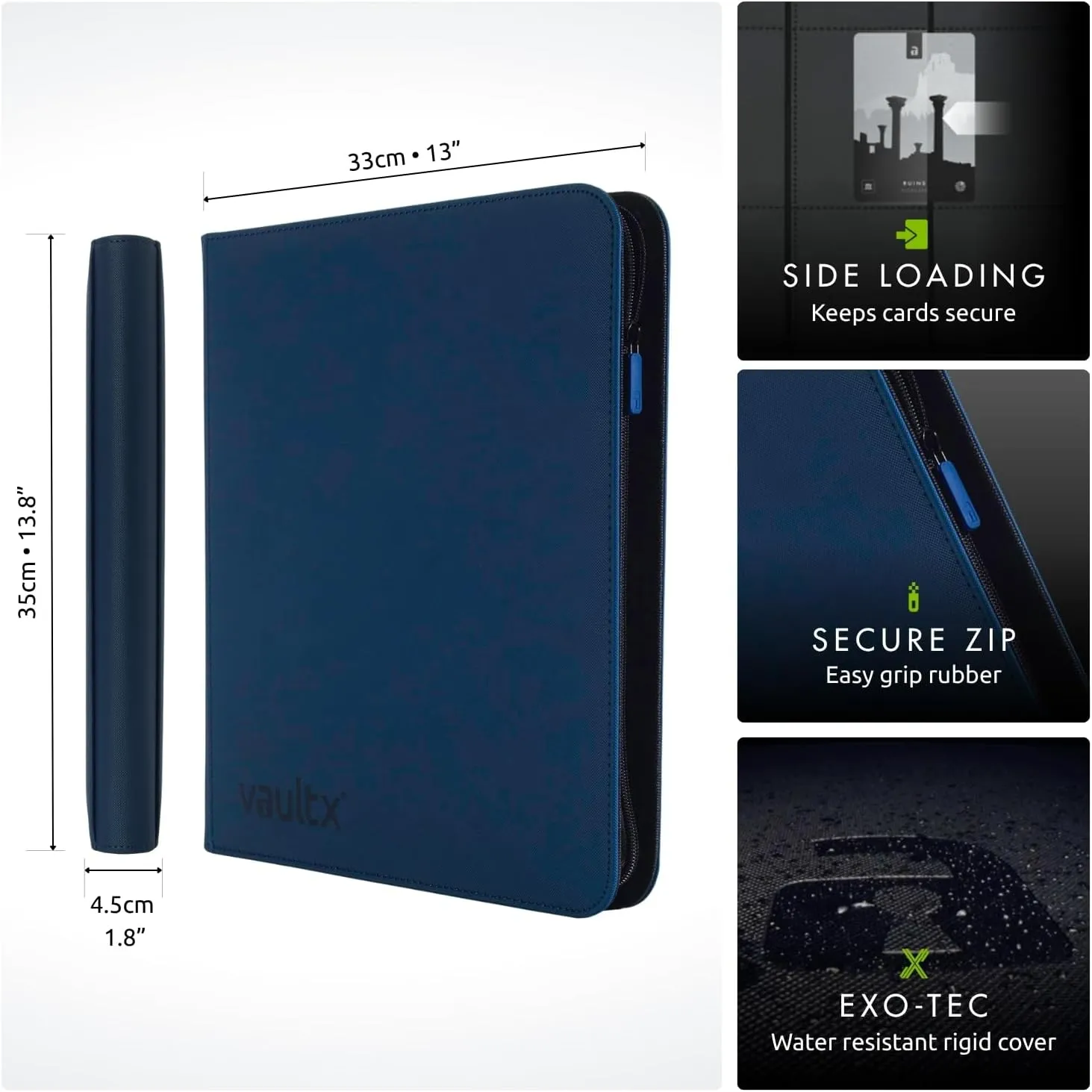 Vault X 12 Pocket Trading Card Zip Binder - 480 cards, Premium Exo-Tec Album Material, 20 Side-Loading Pages, Folder for Collectible Card Games, Sports, TCG (Blue)