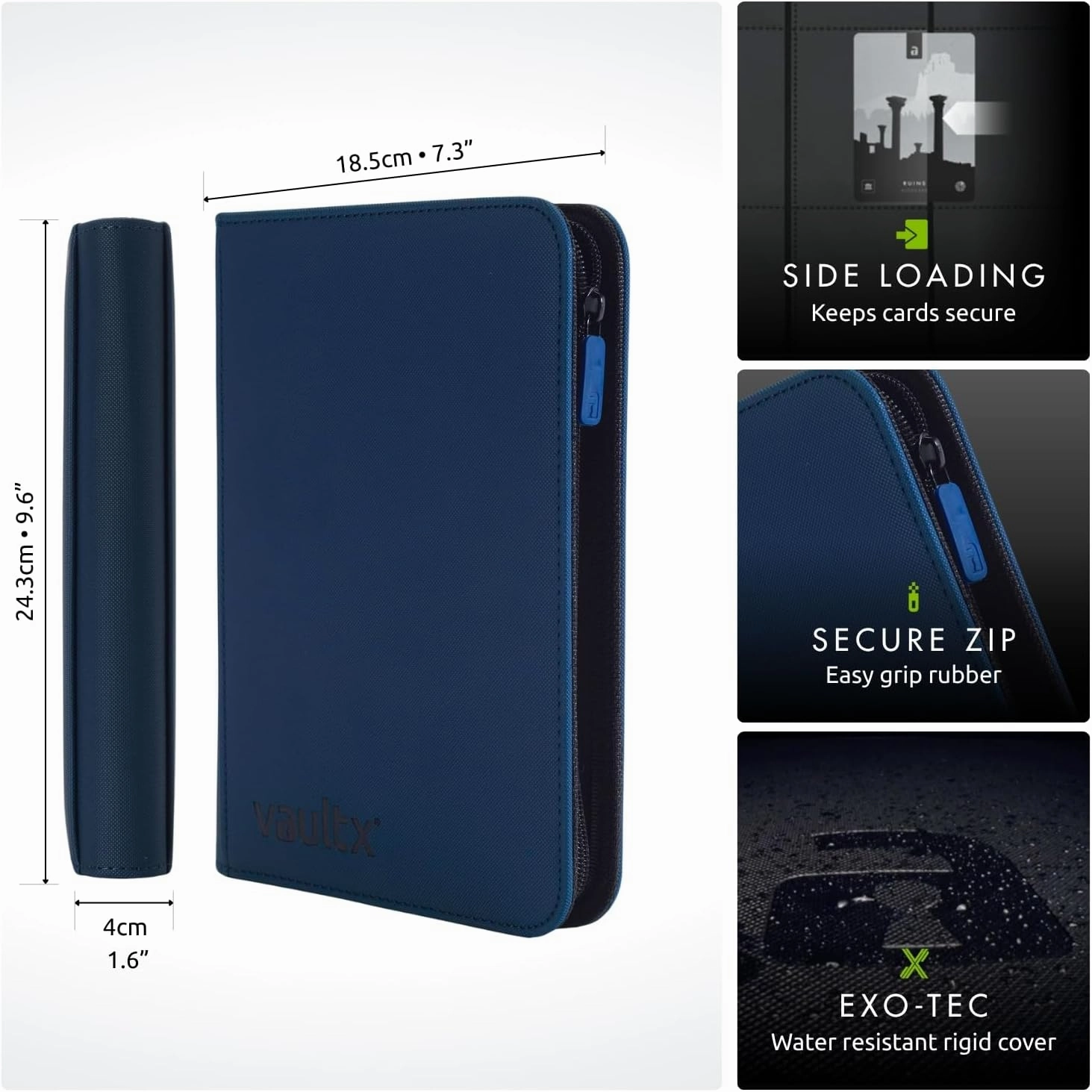 Vault X 4 Pocket Trading Card Zip Binder, 160 cards, Premium Exo-Tec Album Material, 20 Side-Loading Pages, Folder for Collectible Card Games, Sports, TCG (Blue)