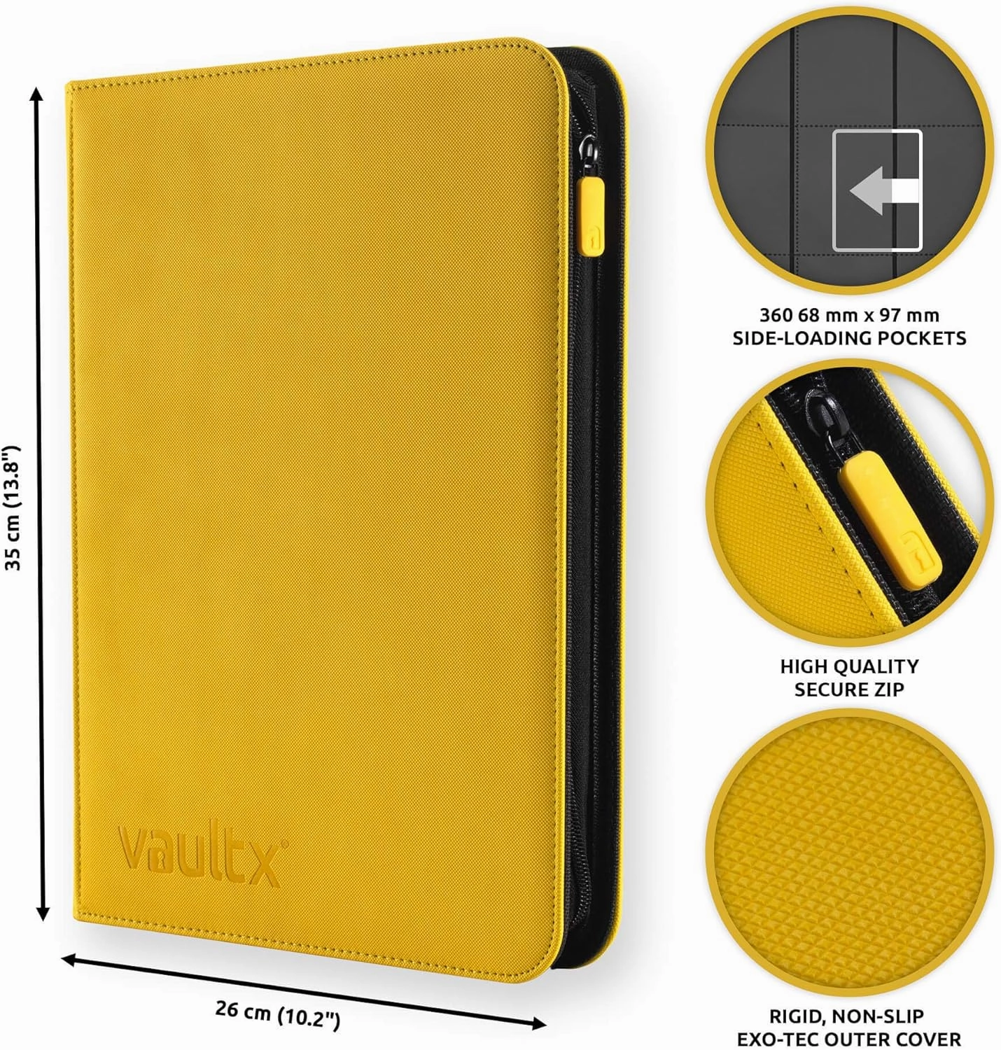 Vault X 9 Pocket Trading Card Zip Binder, 360 Cards, Premium Exo-Tec Album Material, 20 Side-Loading Pages, Folder for Collectible Games, Sports, TCG (Yellow)