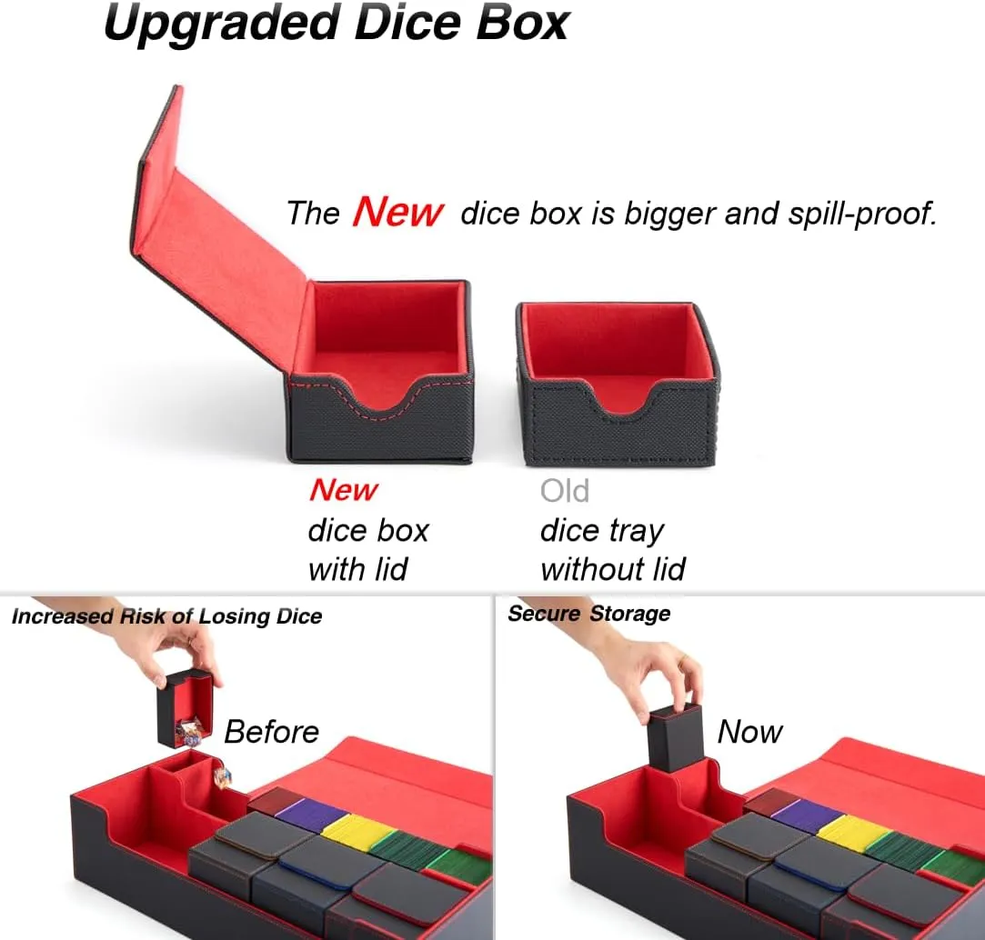 Venssu MTG Deck Box Holds 5 Display Card Deck Boxes with Playmat and Dice Box,Includes 10 colorful dividers and 1 card supporter, Trading Card Storage Box For Magic Game Cards (Black and Red)