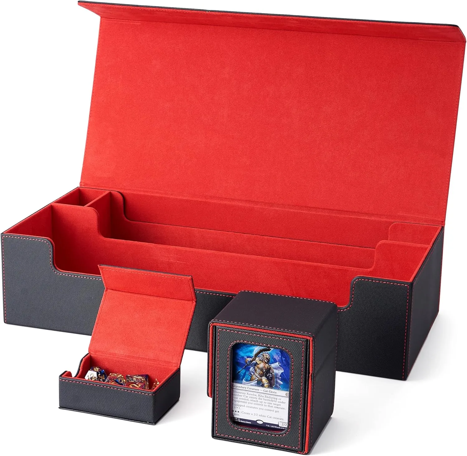Venssu MTG Deck Box Holds 5 Display Card Deck Boxes with Playmat and Dice Box,Includes 10 colorful dividers and 1 card supporter, Trading Card Storage Box For Magic Game Cards (Black and Red)