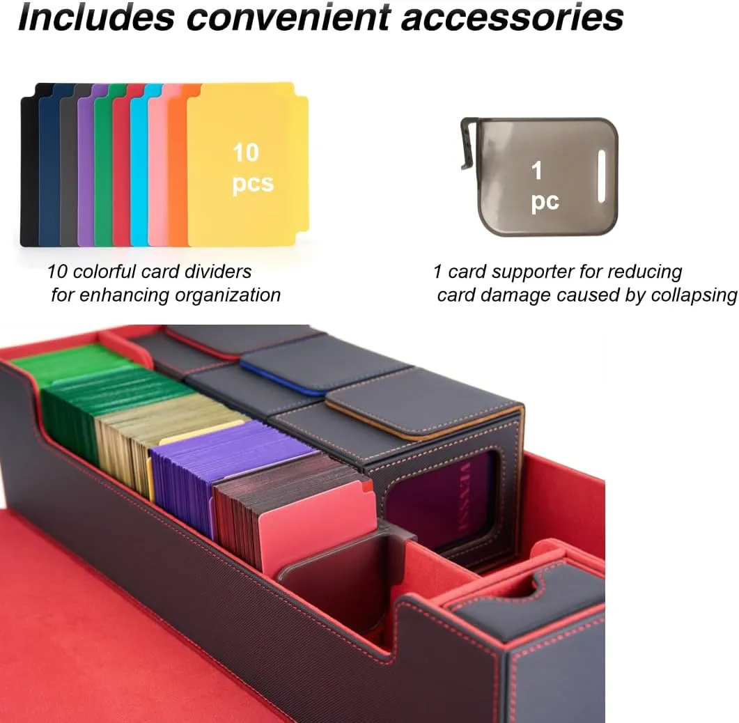 Venssu MTG Deck Box Holds 5 Display Card Deck Boxes with Playmat and Dice Box,Includes 10 colorful dividers and 1 card supporter, Trading Card Storage Box For Magic Game Cards (Black and Red)